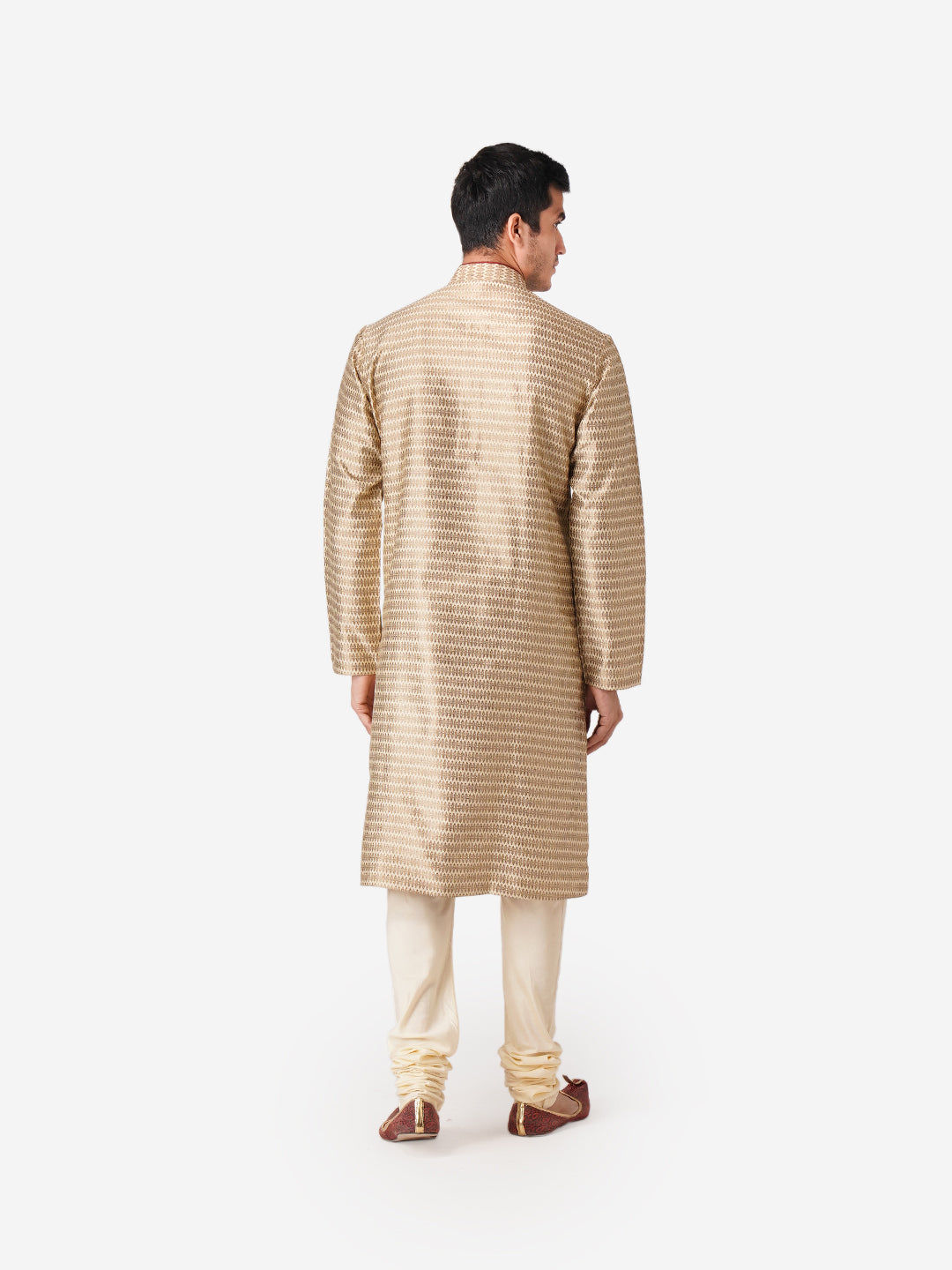 Full Sleeve Printed Kurta and Churidar Set in Gold Silk Blend