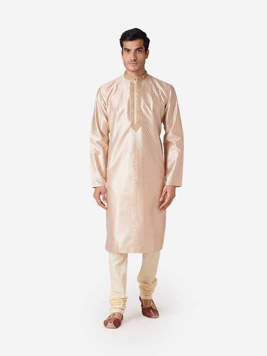 Full Sleeve Self Design Kurta and Churidar Set in Beige Silk Blend