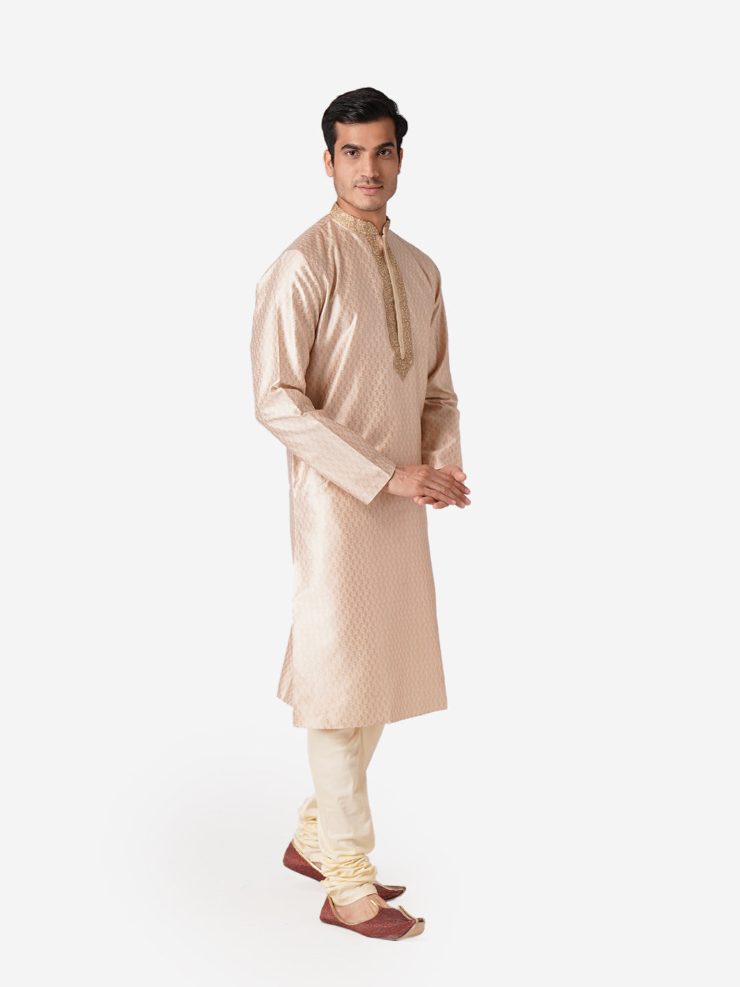 Full Sleeve Self Design Kurta and Churidar Set in Beige Silk Blend