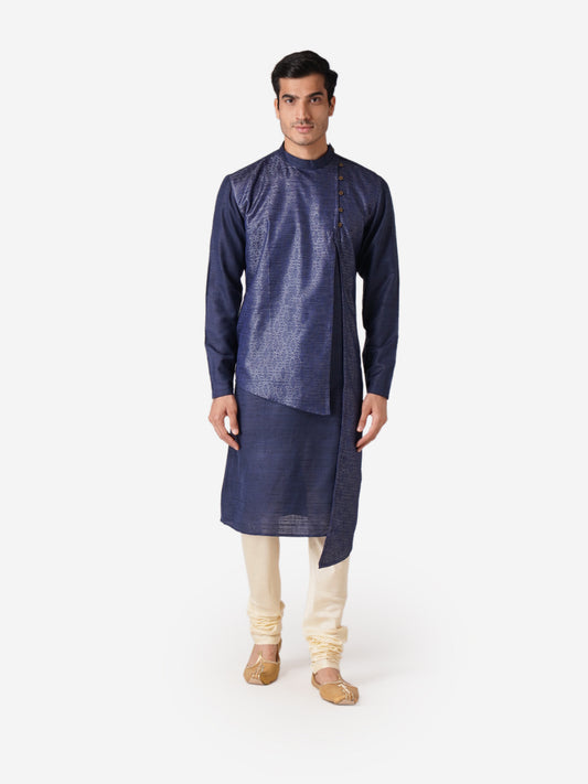 Full Sleeve Self Design Kurta and Churidar Set in Blue Silk Blend