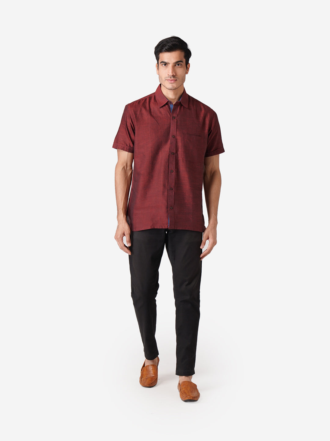 Men Self Design Casual Maroon Shirt