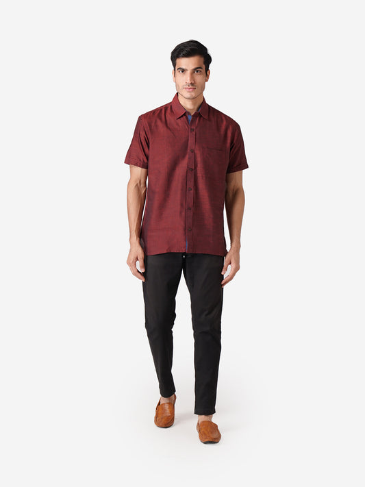 Men Self Design Casual Maroon Shirt
