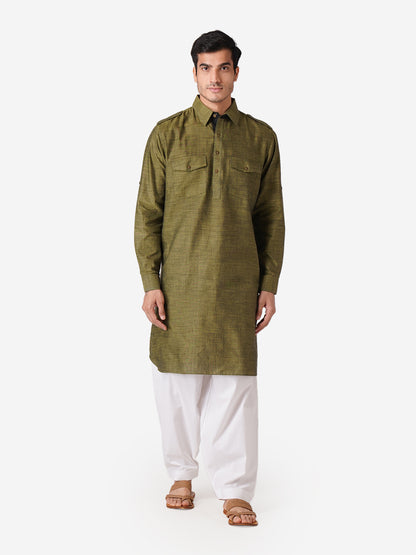 Full Sleeve Self Design Kurta and Pyjama Set in Green Pure Cotton