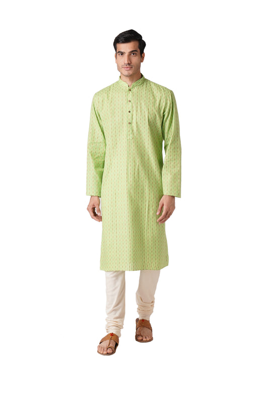 Full Sleeve Self Design Kurta and Churidar Set in Green Pure Cotton