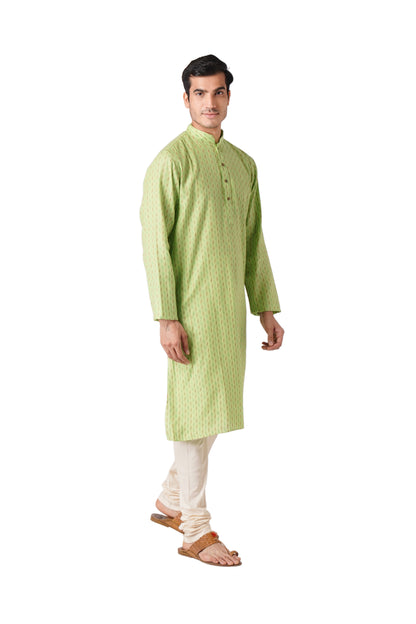 Full Sleeve Self Design Kurta and Churidar Set in Green Pure Cotton