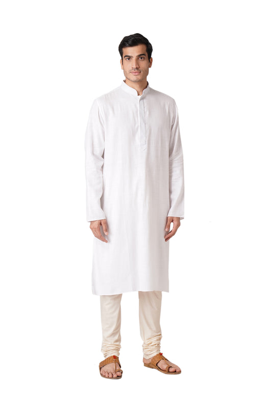 Full Sleeve Printed Kurta and Churidar Set in White Pure Cotton