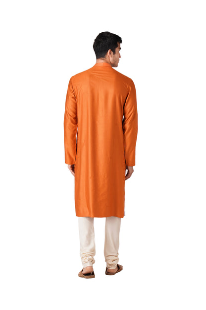 Full Sleeve Solid Kurta and Churidar Set in Orange Cotton Silk
