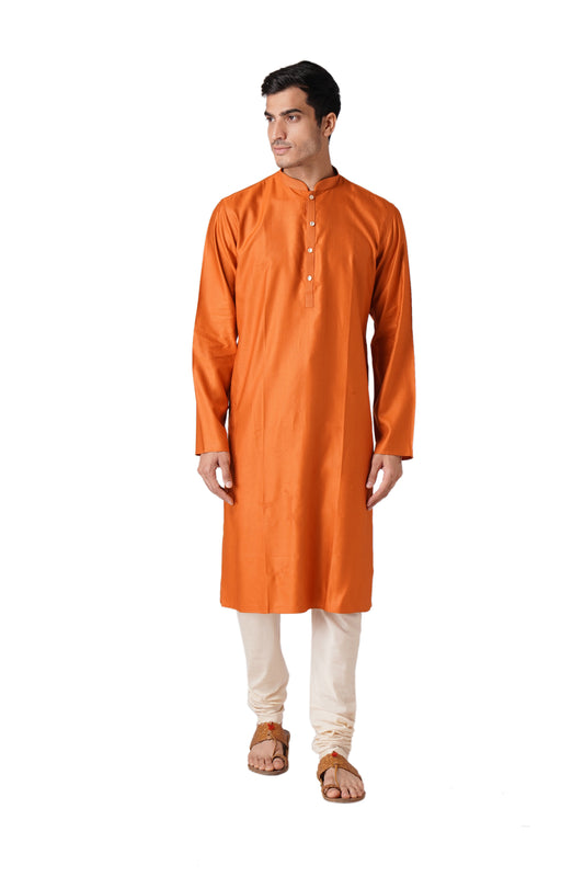 Full Sleeve Solid Kurta and Churidar Set in Orange Cotton Silk