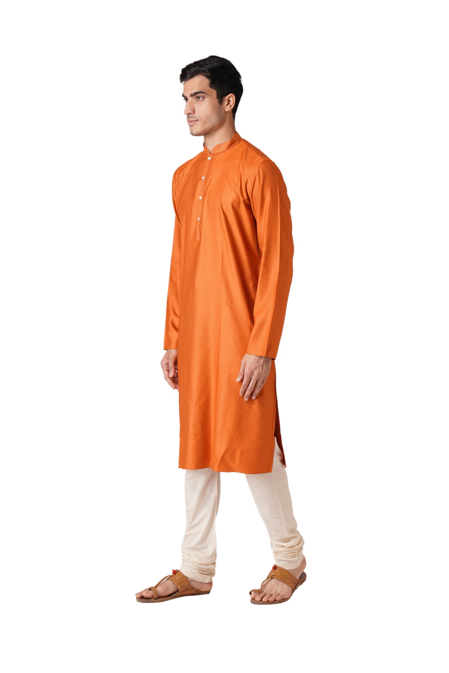Full Sleeve Solid Kurta and Churidar Set in Orange Cotton Silk