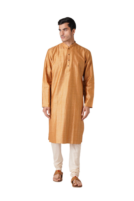 Full Sleeve Striped Kurta and Churidar Set in Yellow Pure Cotton