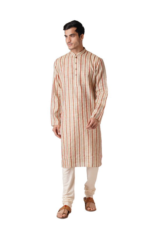 Full Sleeve Striped Kurta and Churidar Set in Multicolor Pure Cotton