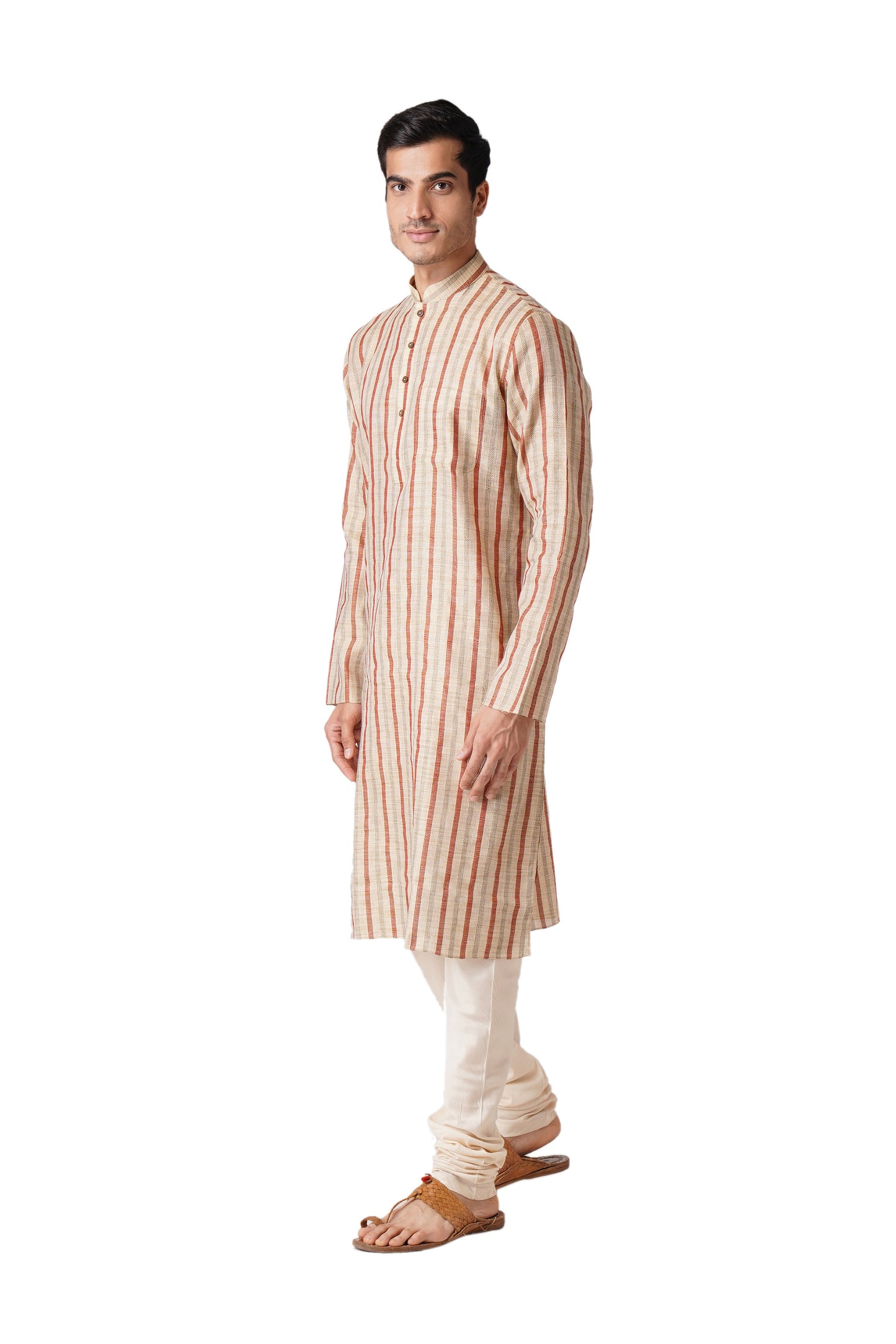 Full Sleeve Striped Kurta and Churidar Set in Multicolor Pure Cotton