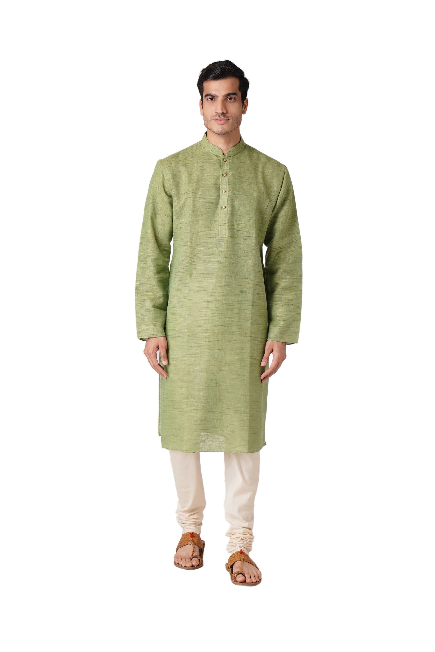 Full Sleeve Self Design Kurta and Churidar Set in Green Khadi Cotton