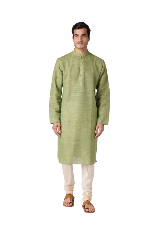 Full Sleeve Self Design Kurta and Churidar Set in Green Khadi Cotton