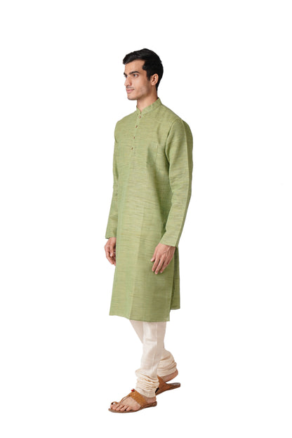 Full Sleeve Self Design Kurta and Churidar Set in Green Khadi Cotton