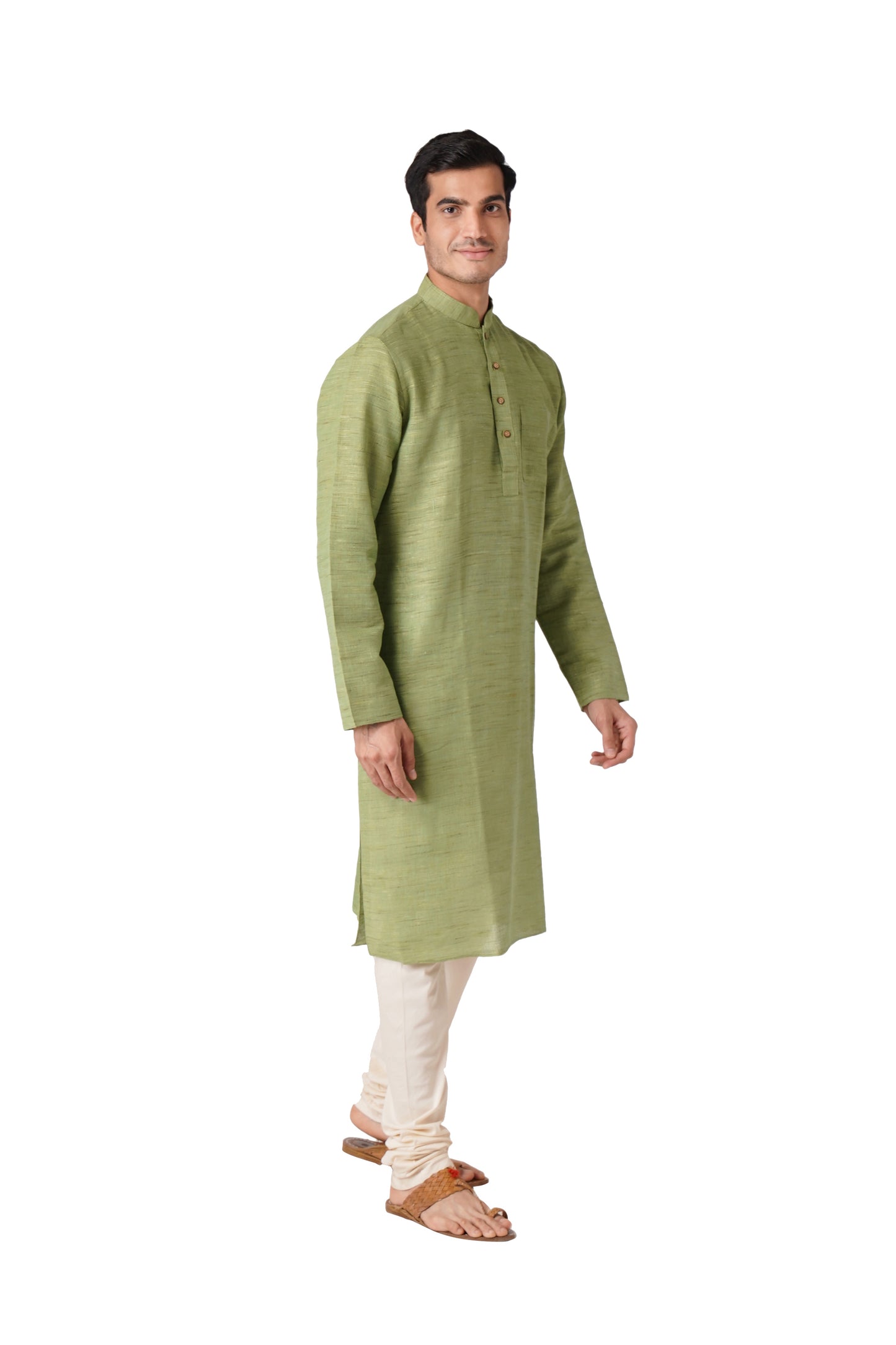 Full Sleeve Self Design Kurta and Churidar Set in Green Khadi Cotton
