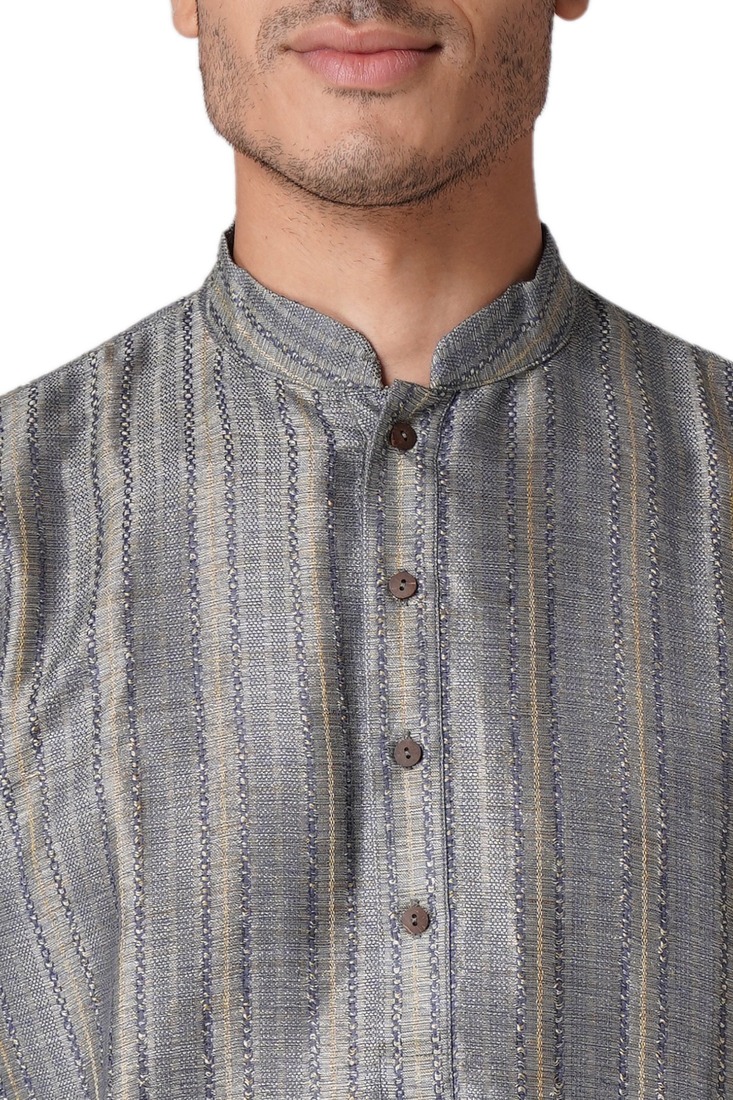 Full Sleeve Striped Kurta and Churidar Set in Blue Pure Cotton