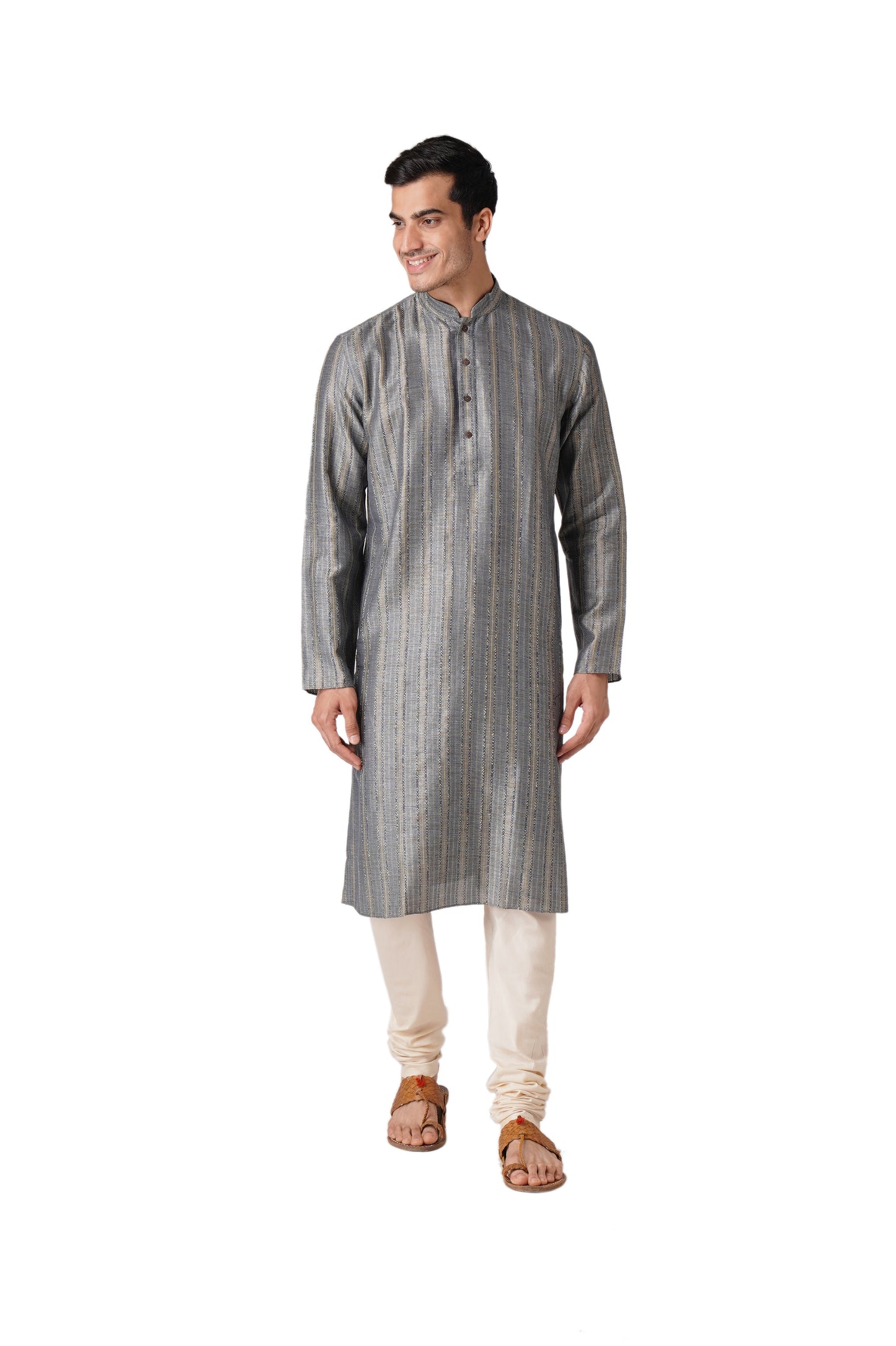 Full Sleeve Striped Kurta and Churidar Set in Blue Pure Cotton