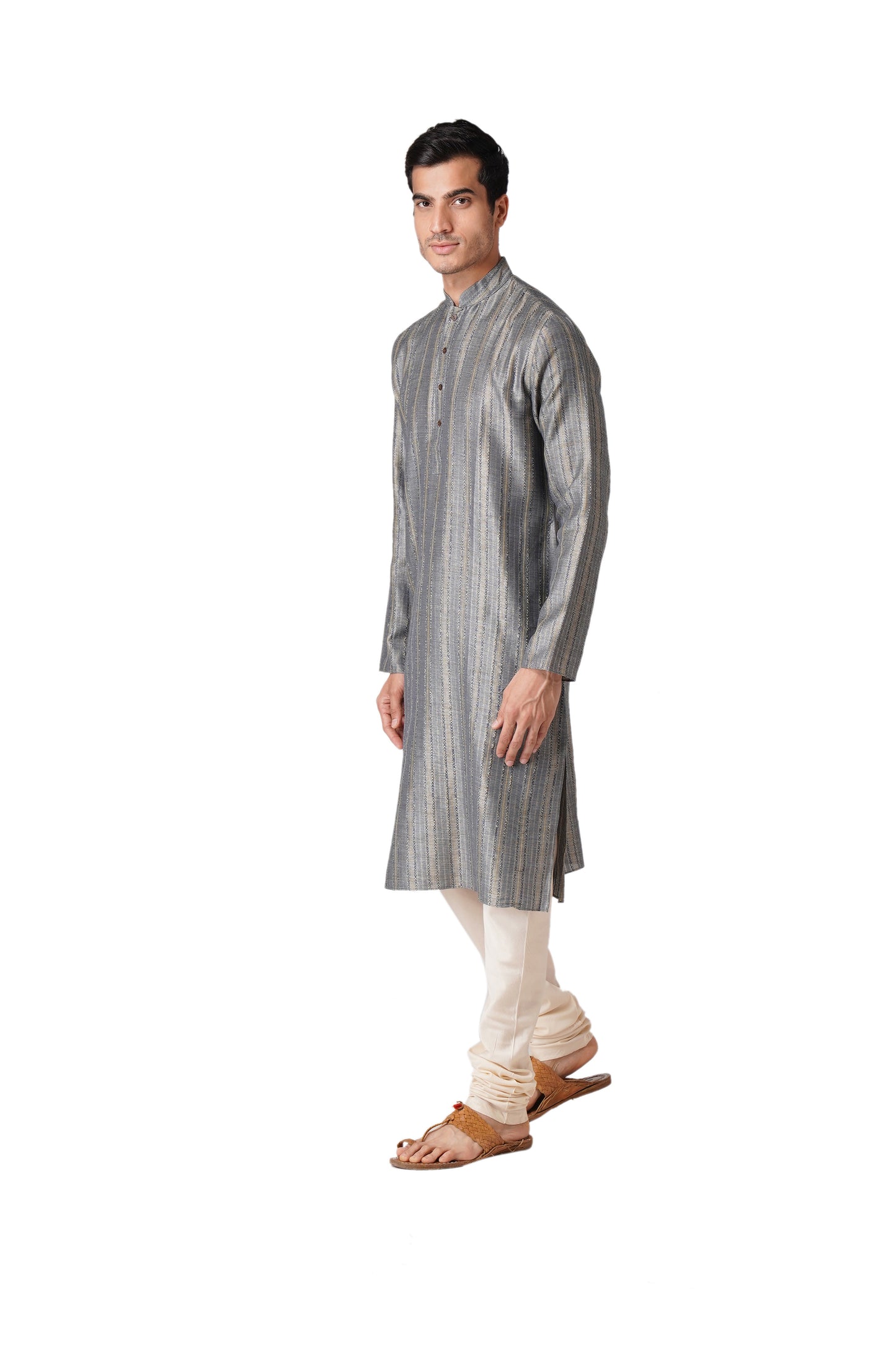 Full Sleeve Striped Kurta and Churidar Set in Blue Pure Cotton