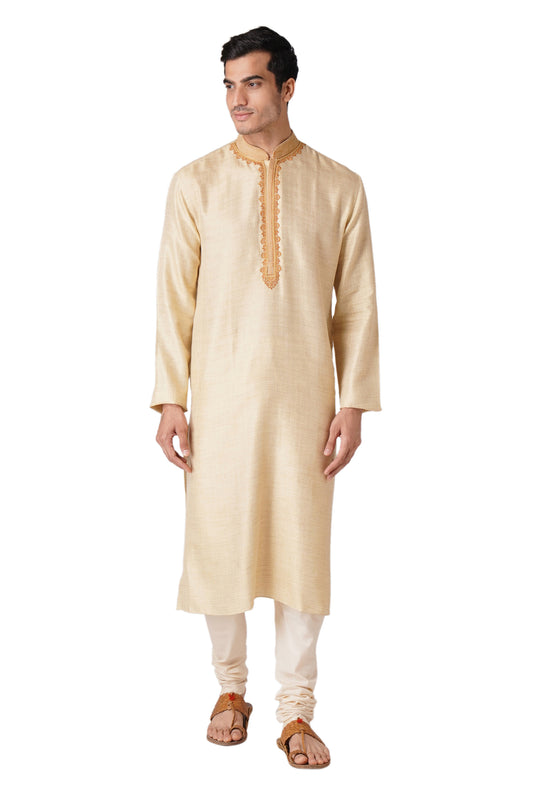 Full Sleeve Geometric Print Kurta and Churidar Set in Beige Pure Cotton