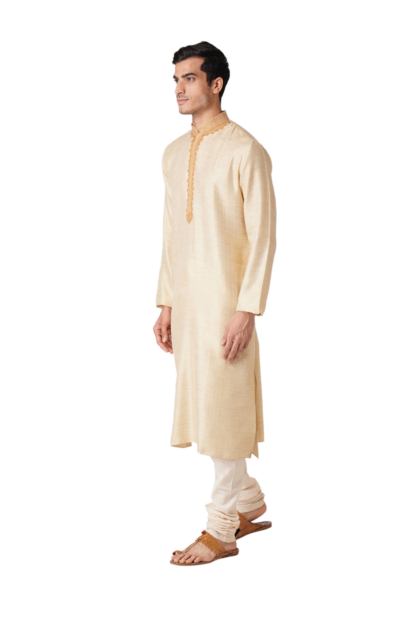 Full Sleeve Geometric Print Kurta and Churidar Set in Beige Pure Cotton