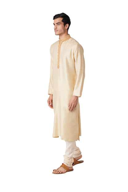 Full Sleeve Geometric Print Kurta and Churidar Set in Beige Pure Cotton
