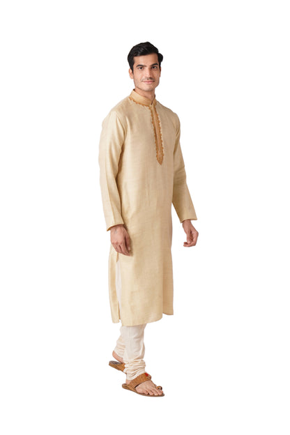 Full Sleeve Geometric Print Kurta and Churidar Set in Beige Pure Cotton