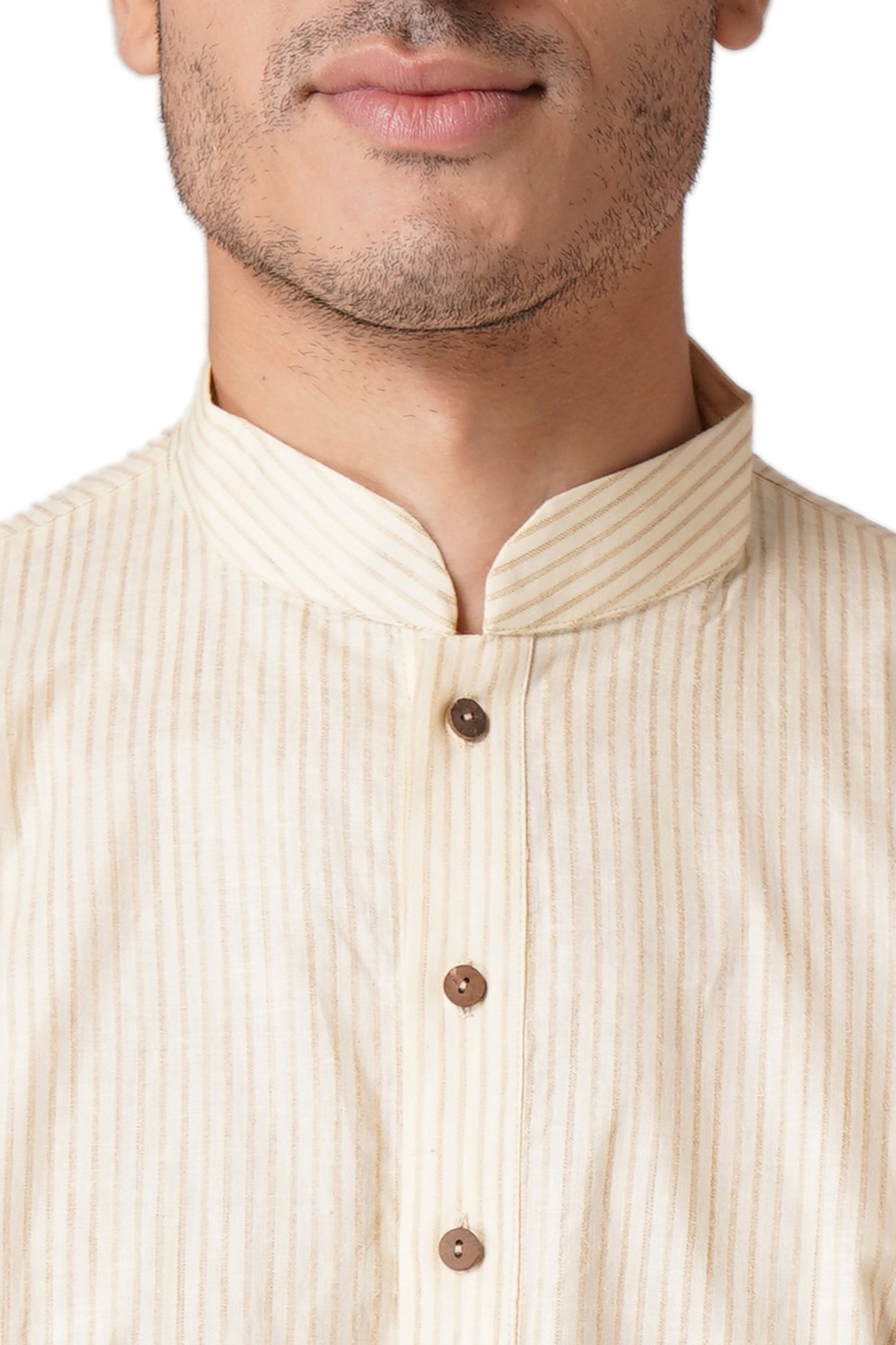 Full Sleeve Striped Kurta and Churidar Set in Beige Pure Cotton