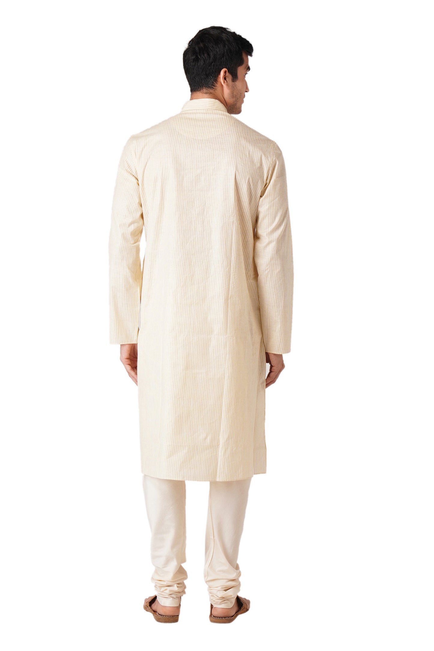 Full Sleeve Striped Kurta and Churidar Set in Beige Pure Cotton