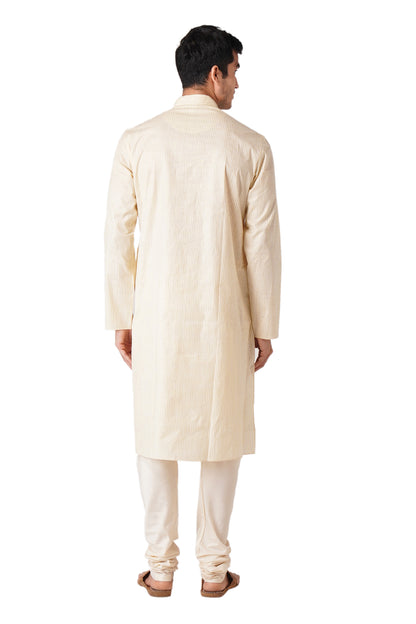 Full Sleeve Striped Kurta and Churidar Set in Beige Pure Cotton