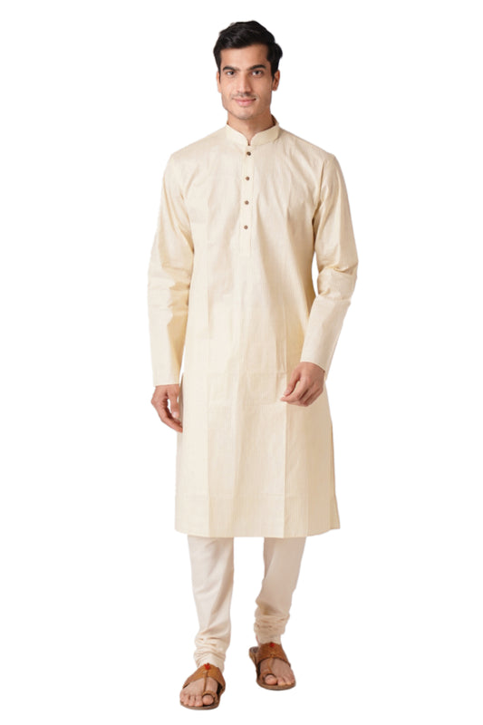 Full Sleeve Striped Kurta and Churidar Set in Beige Pure Cotton