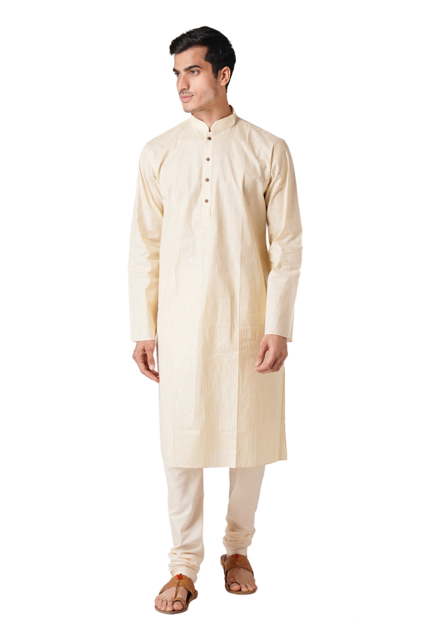 Full Sleeve Striped Kurta and Churidar Set in Beige Pure Cotton