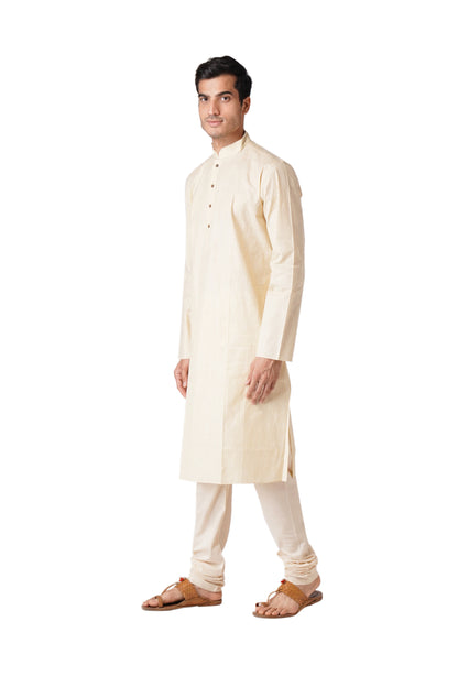 Full Sleeve Striped Kurta and Churidar Set in Beige Pure Cotton