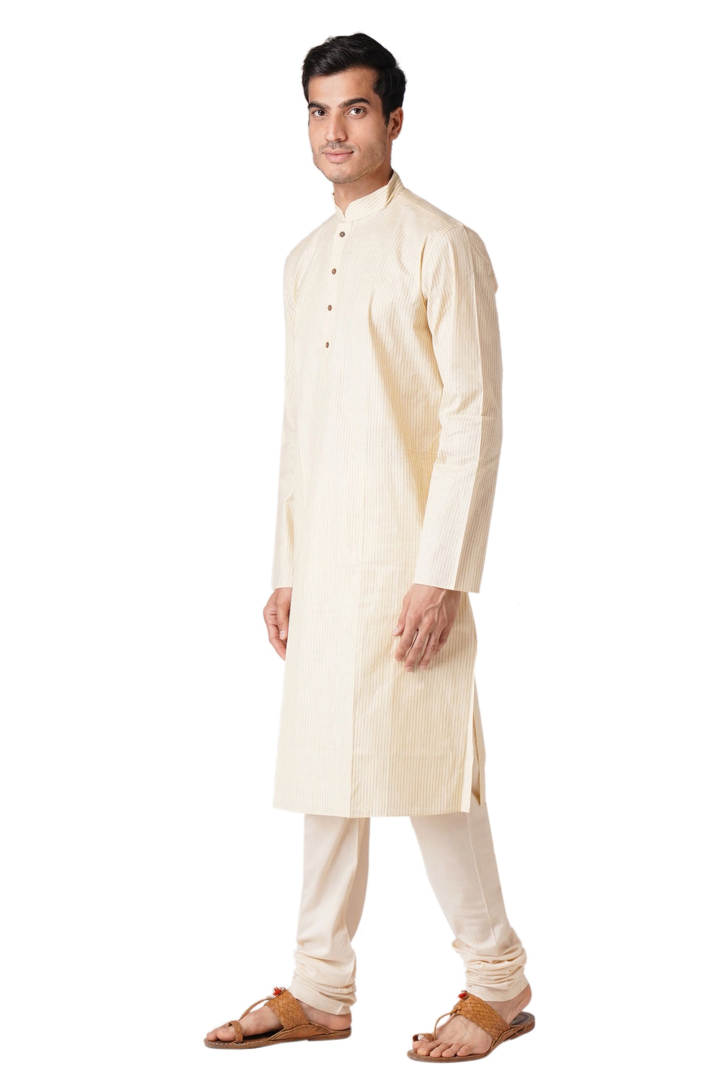 Full Sleeve Striped Kurta and Churidar Set in Beige Pure Cotton