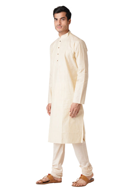 Full Sleeve Striped Kurta and Churidar Set in Beige Pure Cotton