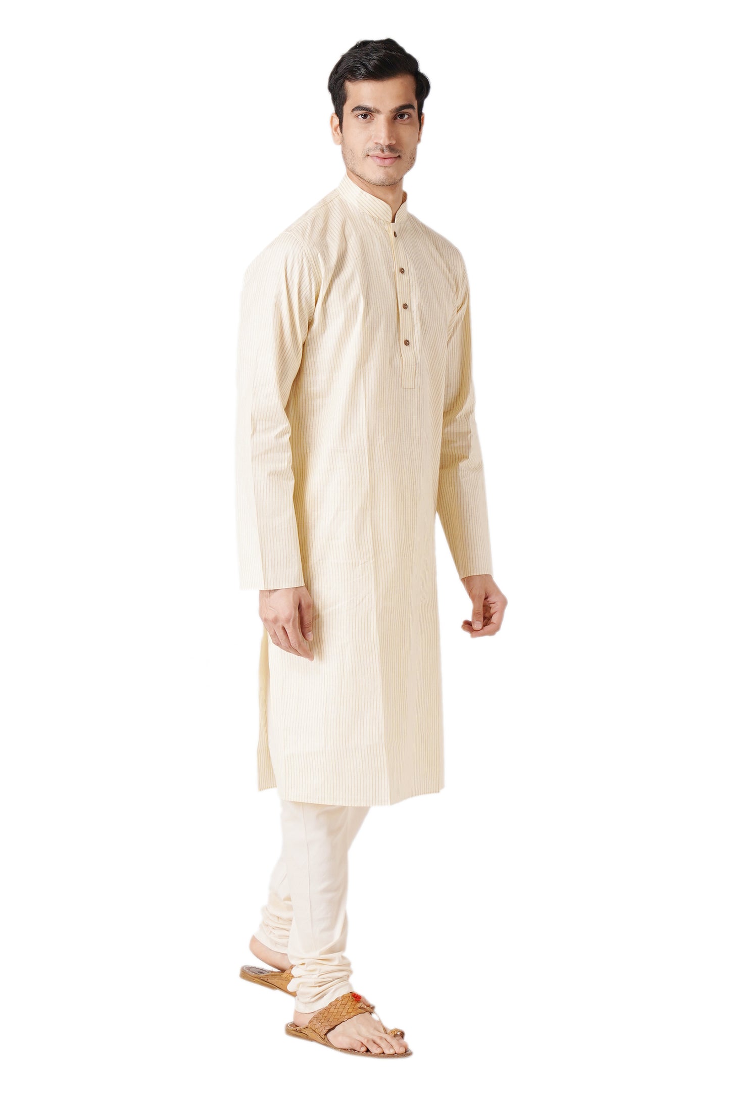 Full Sleeve Striped Kurta and Churidar Set in Beige Pure Cotton