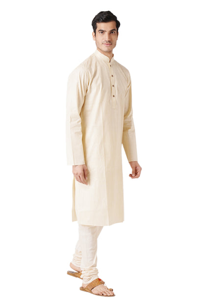 Full Sleeve Striped Kurta and Churidar Set in Beige Pure Cotton