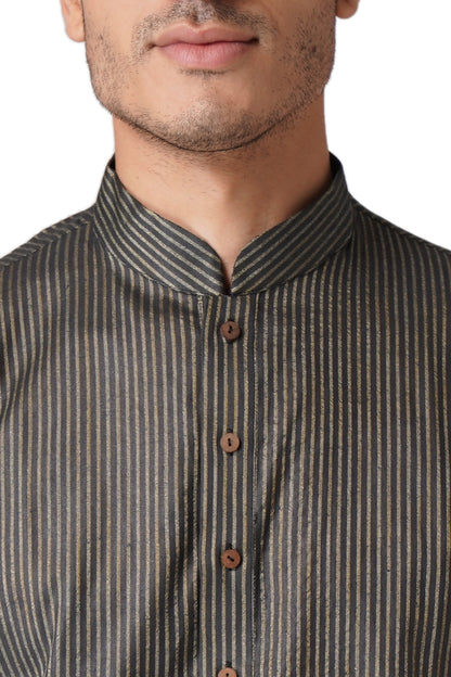 Full Sleeve Striped Kurta and Churidar Set in Black Pure Cotton