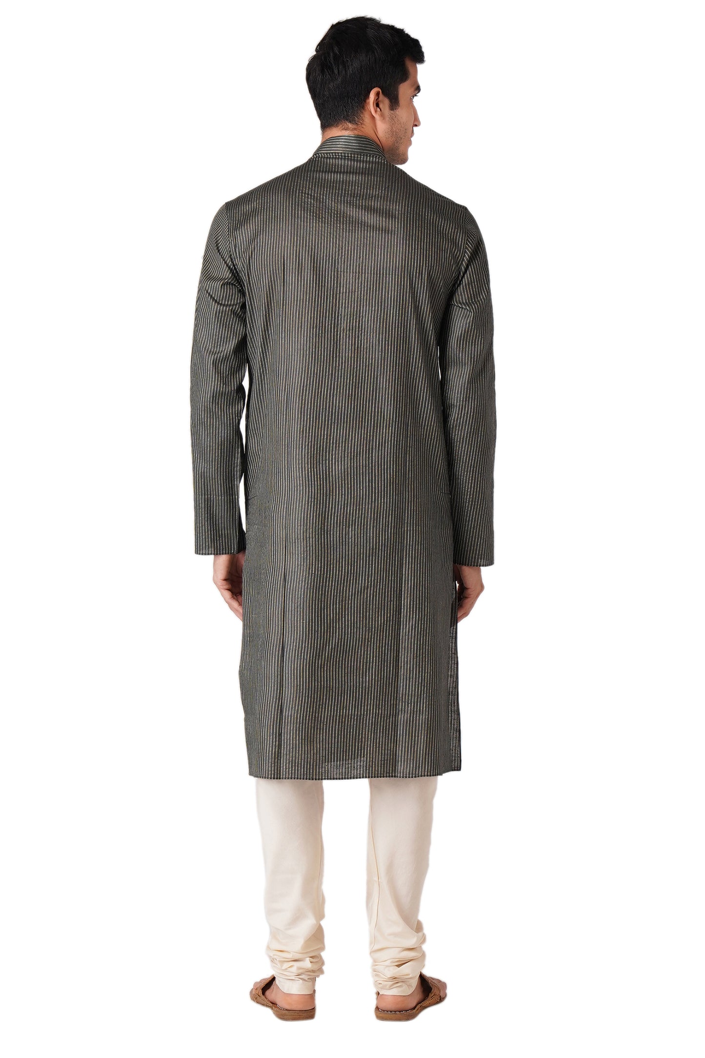 Full Sleeve Striped Kurta and Churidar Set in Black Pure Cotton