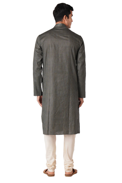 Full Sleeve Striped Kurta and Churidar Set in Black Pure Cotton
