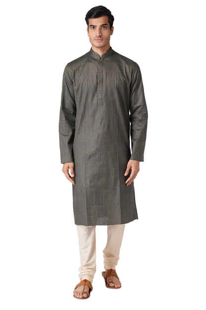 Full Sleeve Striped Kurta and Churidar Set in Black Pure Cotton