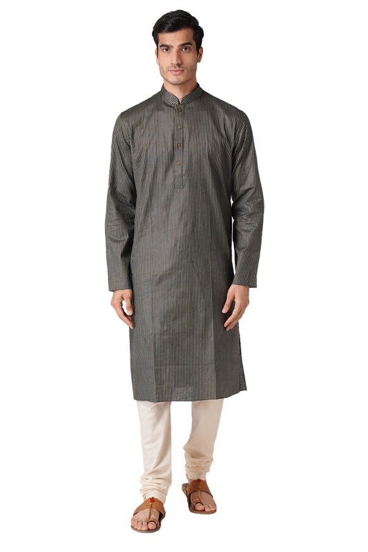 Full Sleeve Striped Kurta and Churidar Set in Black Pure Cotton