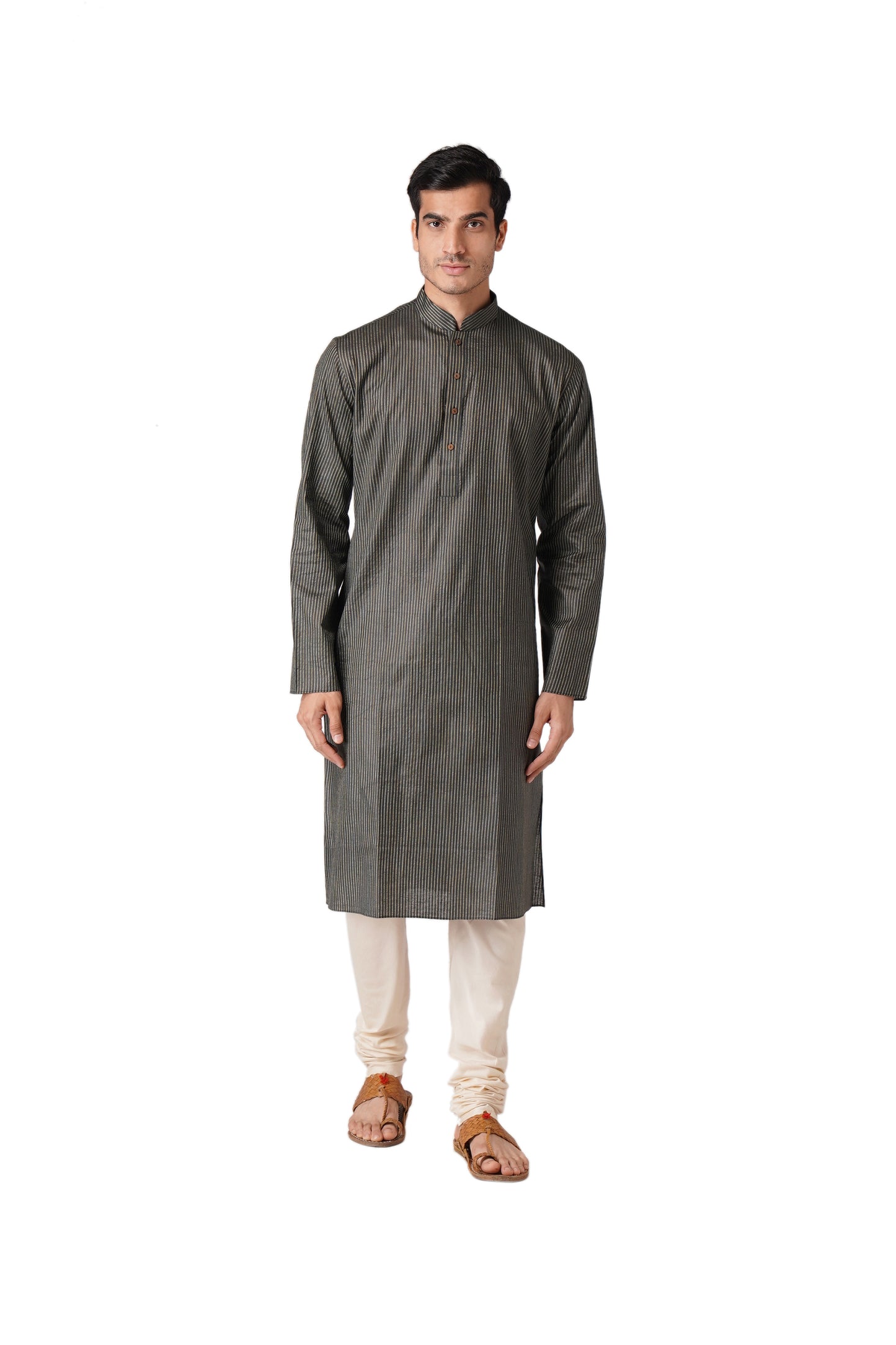 Full Sleeve Striped Kurta and Churidar Set in Black Pure Cotton