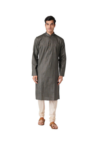 Full Sleeve Striped Kurta and Churidar Set in Black Pure Cotton
