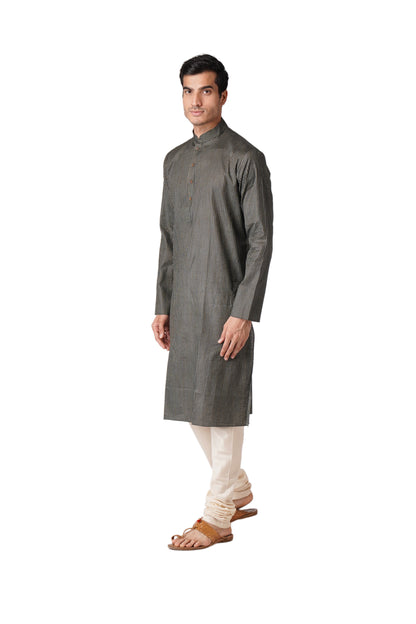 Full Sleeve Striped Kurta and Churidar Set in Black Pure Cotton