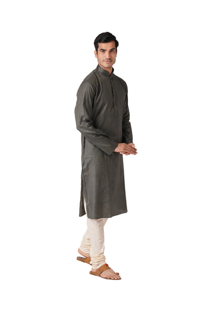 Full Sleeve Striped Kurta and Churidar Set in Black Pure Cotton