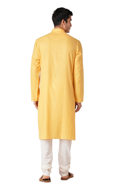 Full Sleeve Self Design Kurta and Churidar Set in Yellow Pure Cotton