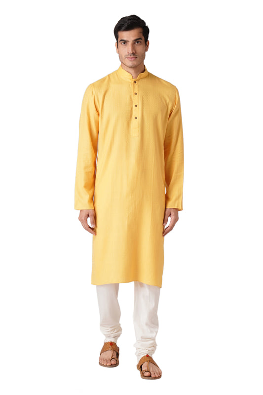 Full Sleeve Self Design Kurta and Churidar Set in Yellow Pure Cotton