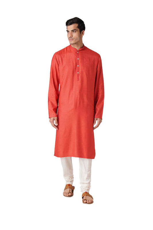 Full Sleeve Solid Kurta and Churidar Set in Red Cotton Silk
