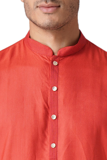 Full Sleeve Solid Kurta and Churidar Set in Red Cotton Silk